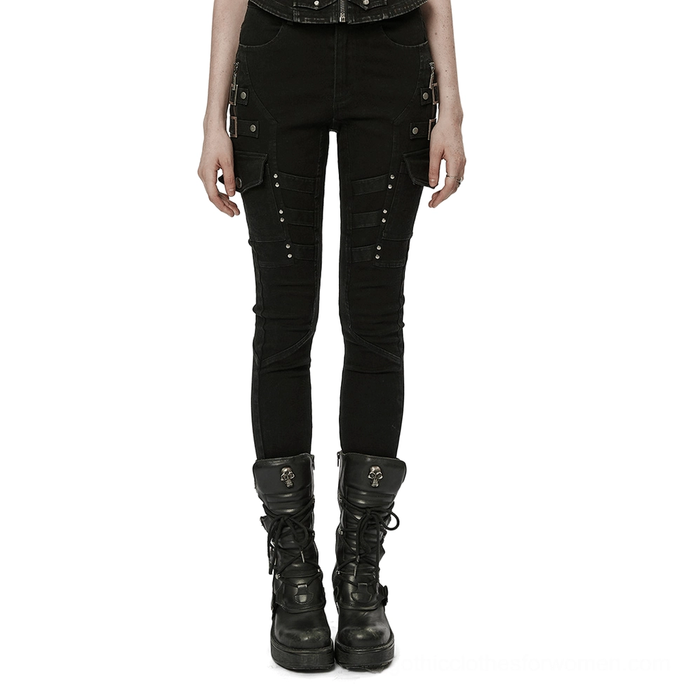 Black gothic cargo jeans with thigh zippers front view on model, slim fit punk style pants with utility loops
