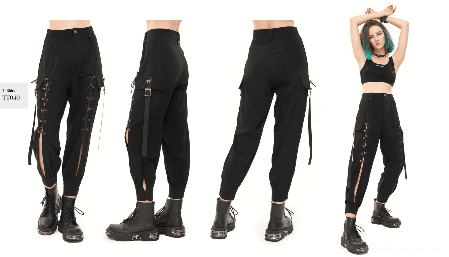 Black gothic cargo jogger pants full product display showcasing skull hardware lace-up straps hollow-out cutouts and functional cargo pockets
