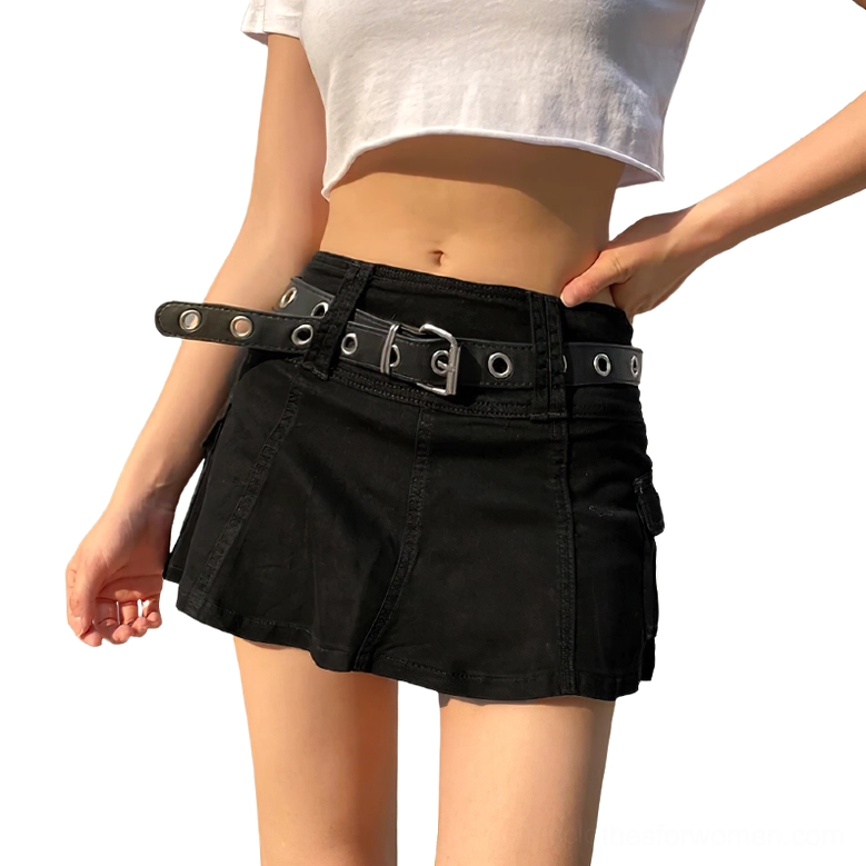 High-waist gothic cargo mini skirt in black with functional side pockets, front view worn with white crop top and PU belt
