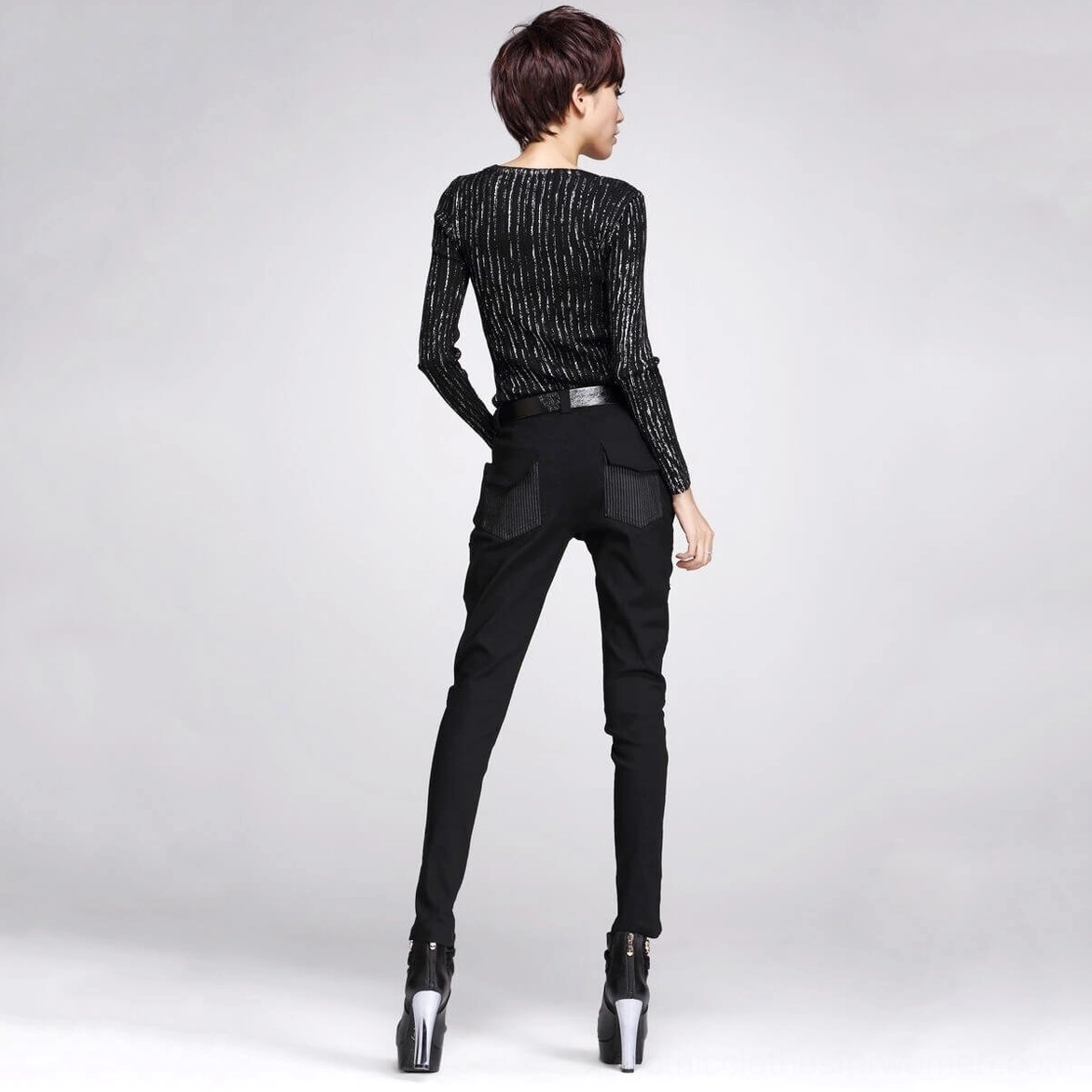 Black gothic cargo pencil pants additional styling angle showcasing wing zipper hardware and alternative fashion aesthetic