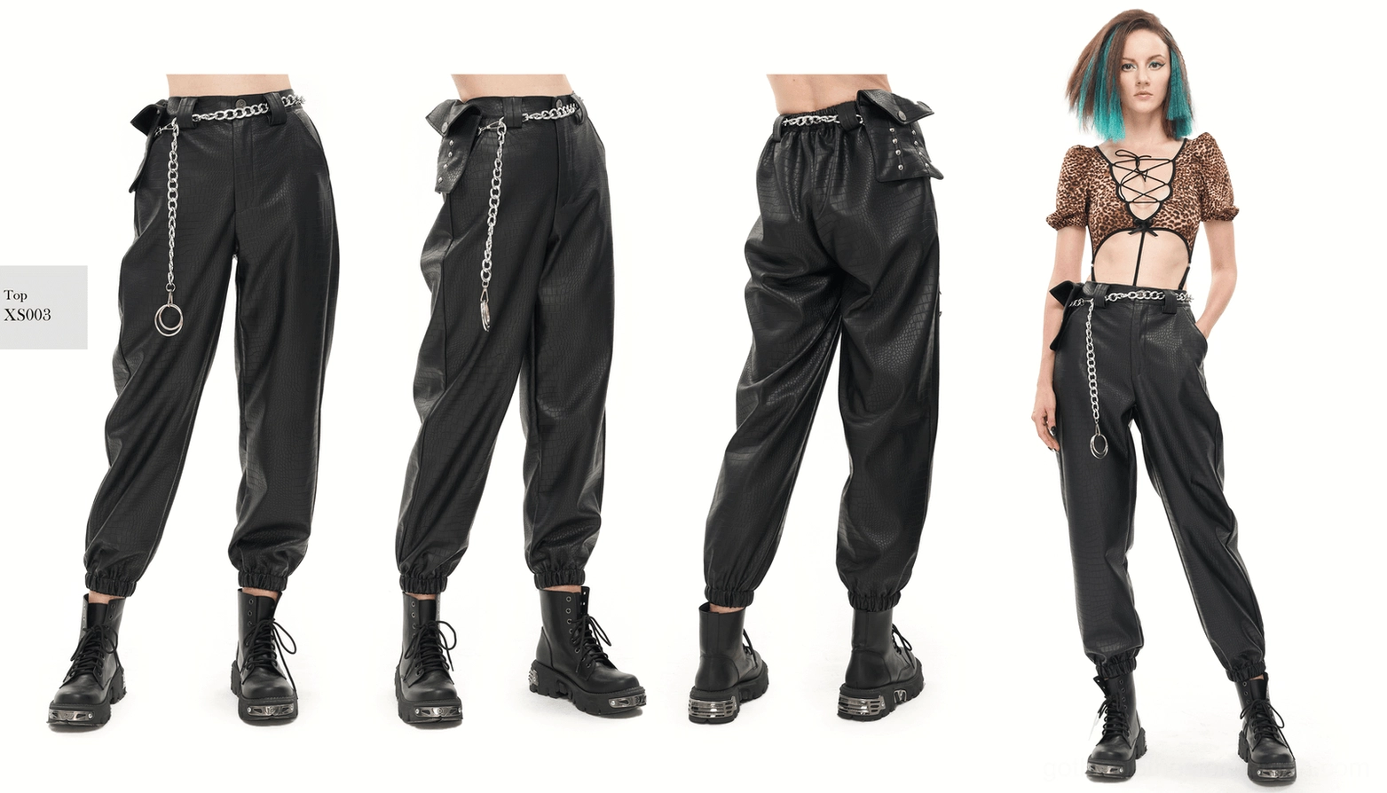 Black gothic cargo pants back pocket and metal chain attachment point detail