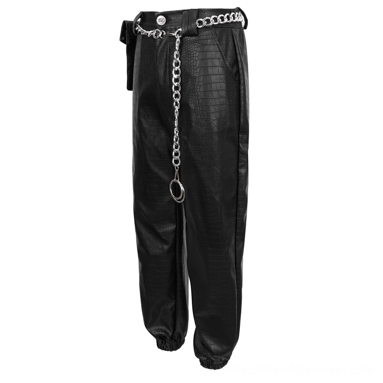 Black PU leather cargo pants flat lay showing button fly and metal chain waist detail with ring pendant