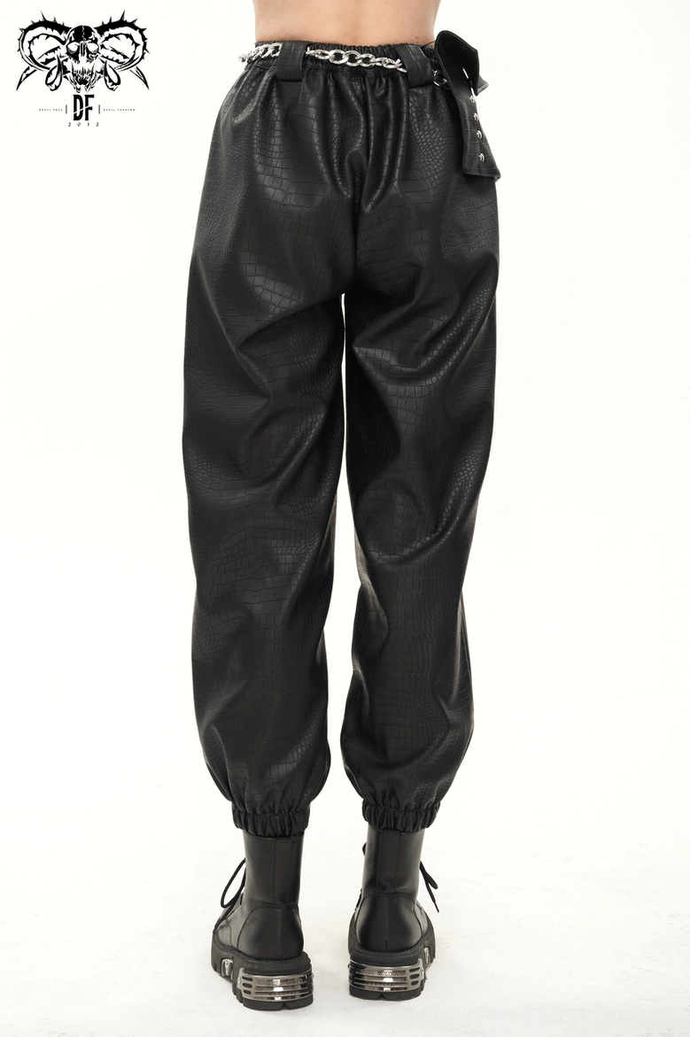 Black PU leather cargo pants tapered cuff detail with metal chain accent