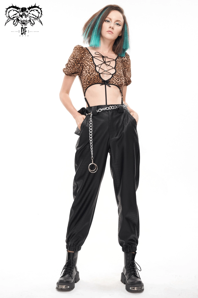 Black PU leather cargo pants showing elasticated back waist construction detail