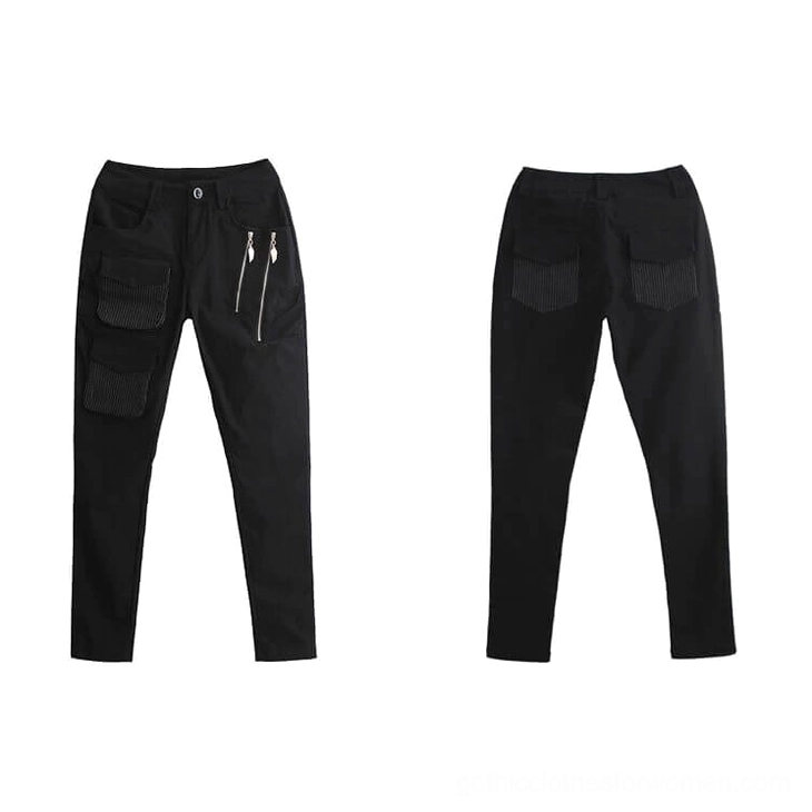Flat lay front and back view of black gothic cargo pencil pants showing decorative zippers and back patch pockets