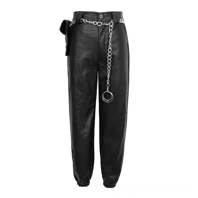 Black crocodile-embossed PU leather cargo pants flat lay front view with metal chain ring pendant detail