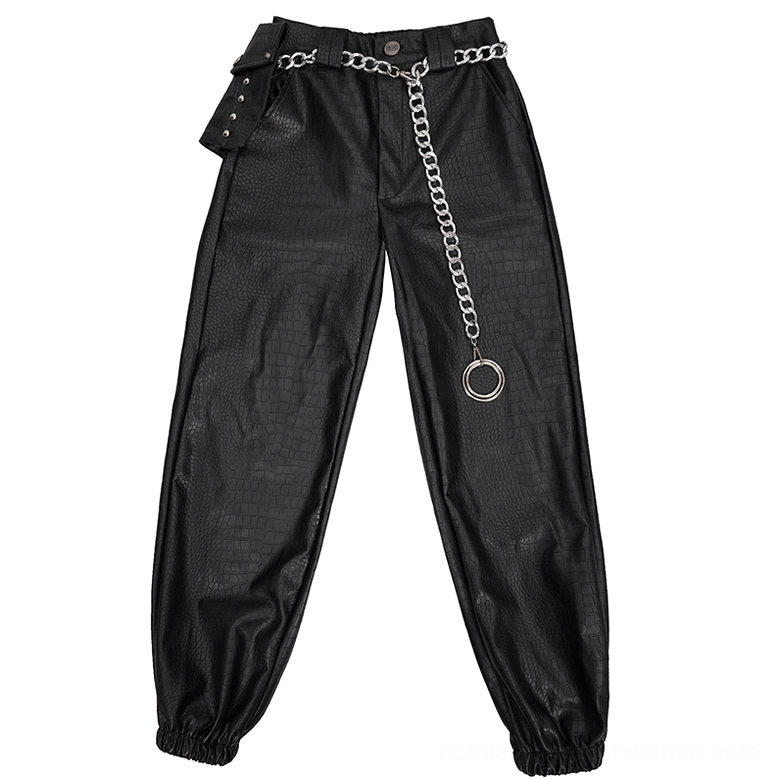 Black crocodile-embossed PU leather cargo pants full front flat lay with metal chain and ring pendant