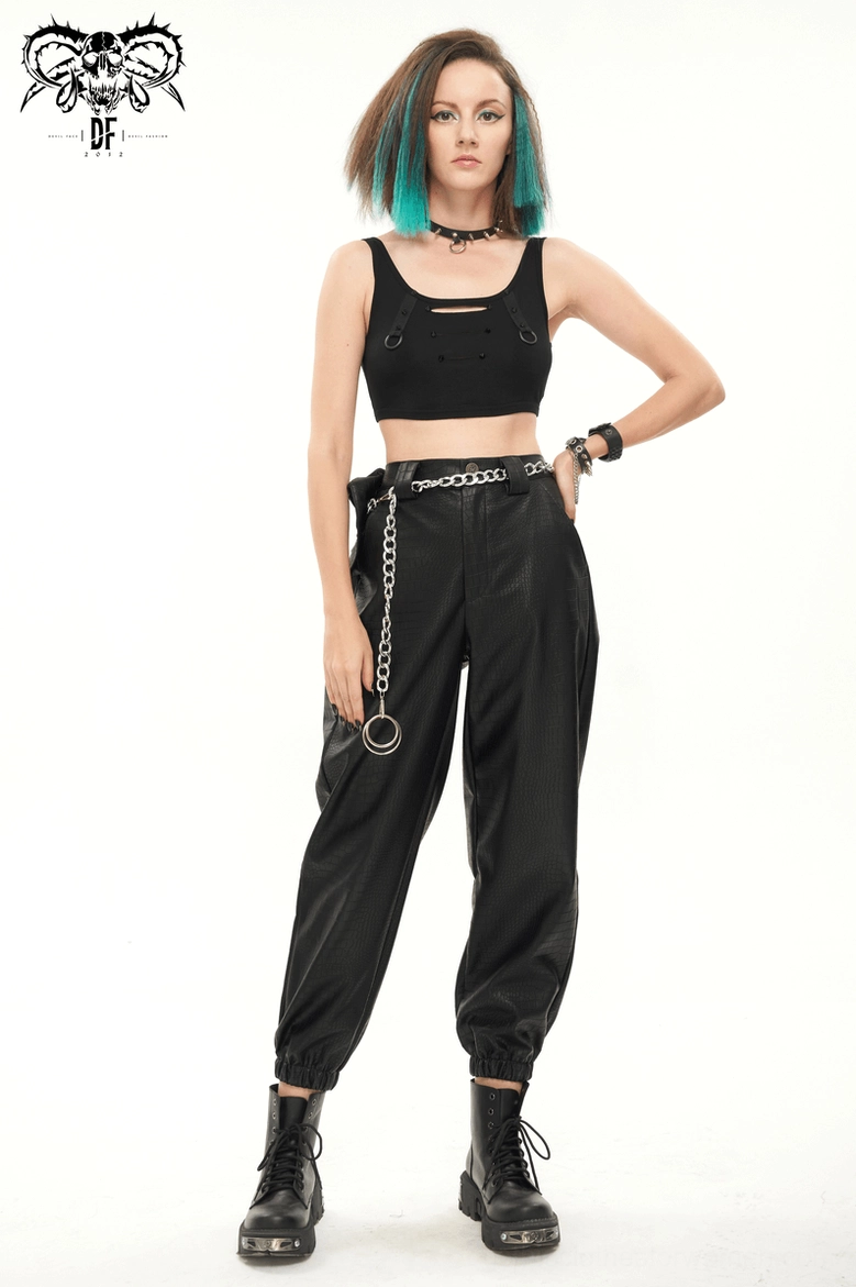 Black gothic cargo pants full-length view emphasizing metal chain and pocket design elements