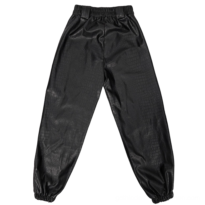 Black PU leather gothic cargo pants full rear flat lay with elasticated waist and tapered cuffs