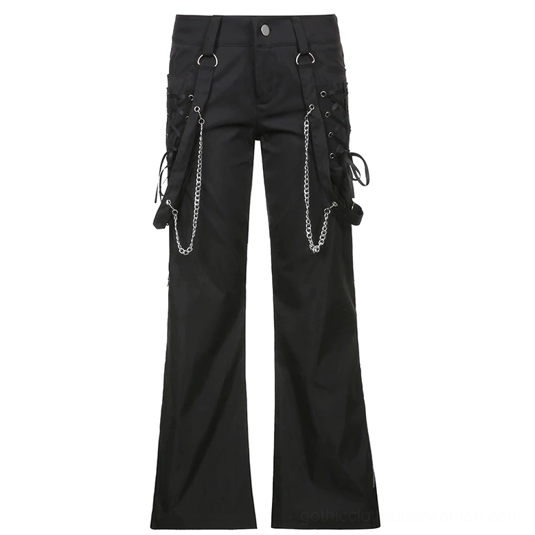 Black gothic wide-leg cargo pants front straight view without model, highlighting metal chains, lace-up side pockets, and waist hardware construction