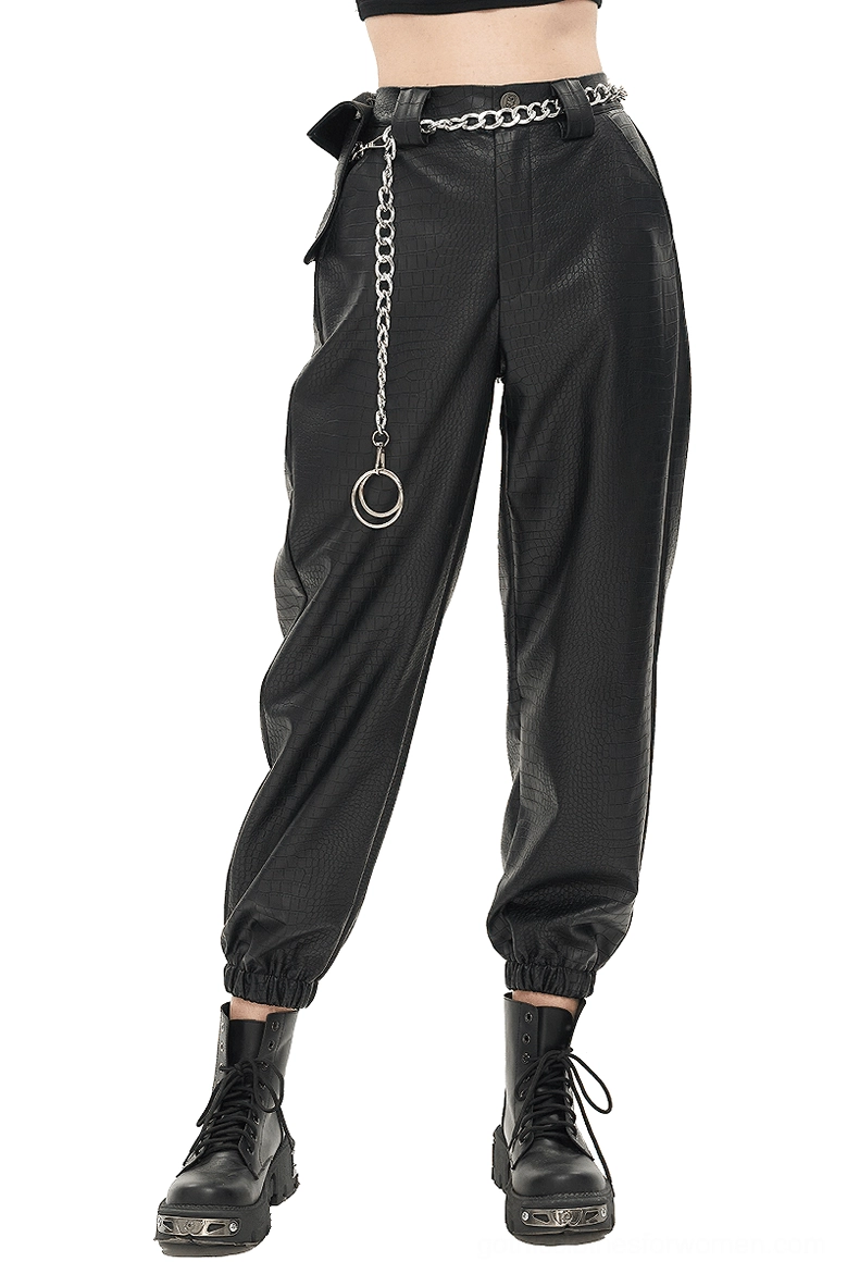 Black PU leather gothic cargo pants front three-quarter view with metal chain waist detail and crocodile texture