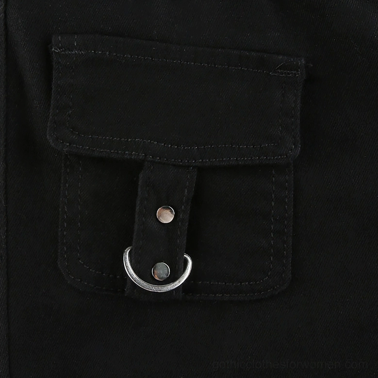 Black flared gothic cargo pants front full-body view on model wearing alternative fashion