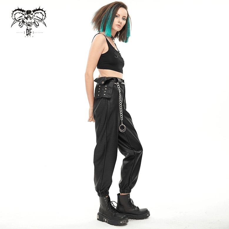 Black gothic cargo pants on model showing fit and styling with metal chain and waistbag