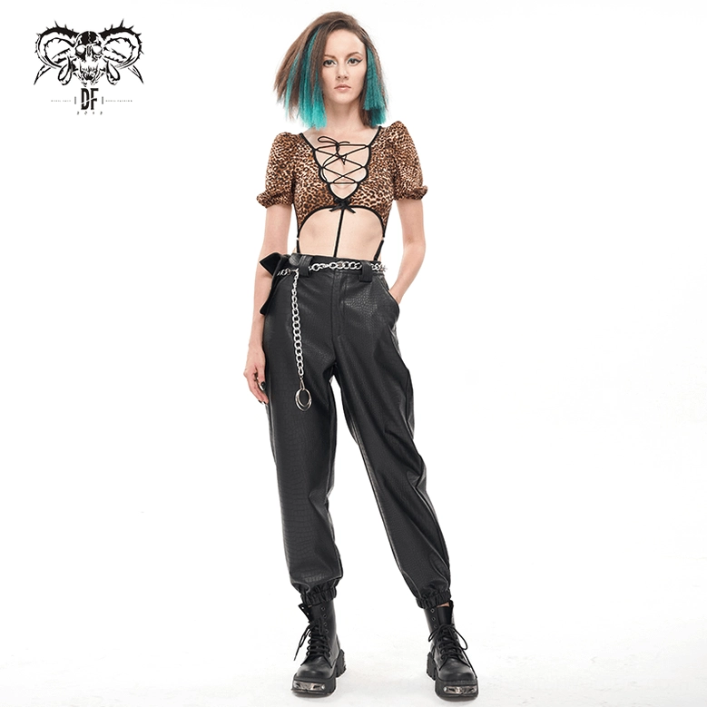 Black crocodile-embossed PU leather cargo pants showing overall structure and loose silhouette
