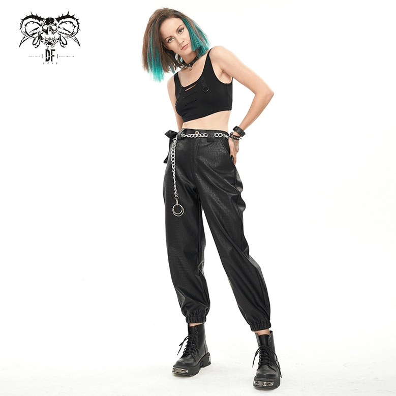 Black PU leather cargo pants featuring crocodile texture and metal chain styling from above