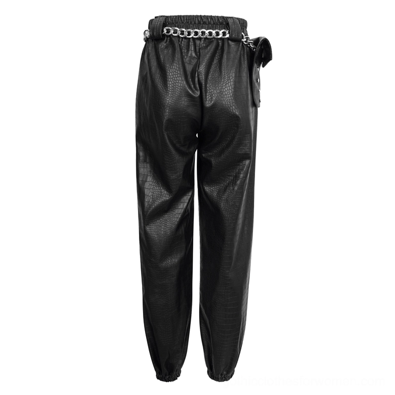 Black PU leather cargo pants rear flat lay showing elasticated back waist and crocodile texture