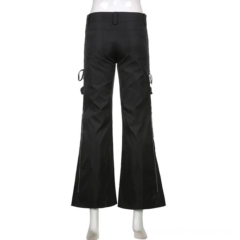 Black gothic cargo pants rear view on mannequin, showing back waistband and side zipper construction details
