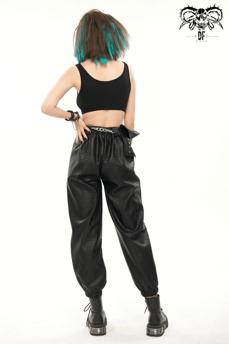 Black PU leather gothic cargo pants side waistbag and metal chain positioning detail