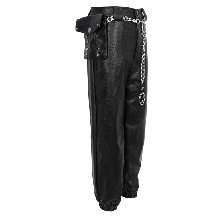 Black gothic cargo pants side view flat lay showing mini rivet-accented waistbag and tapered ankle cuffs