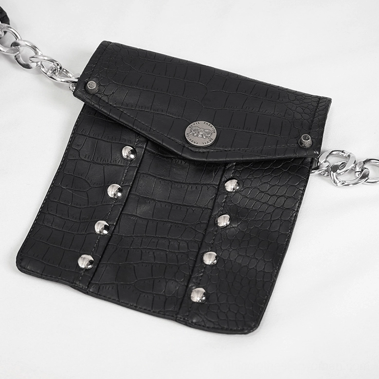 Black PU leather cargo pants side profile showing crocodile texture and tapered ankle design