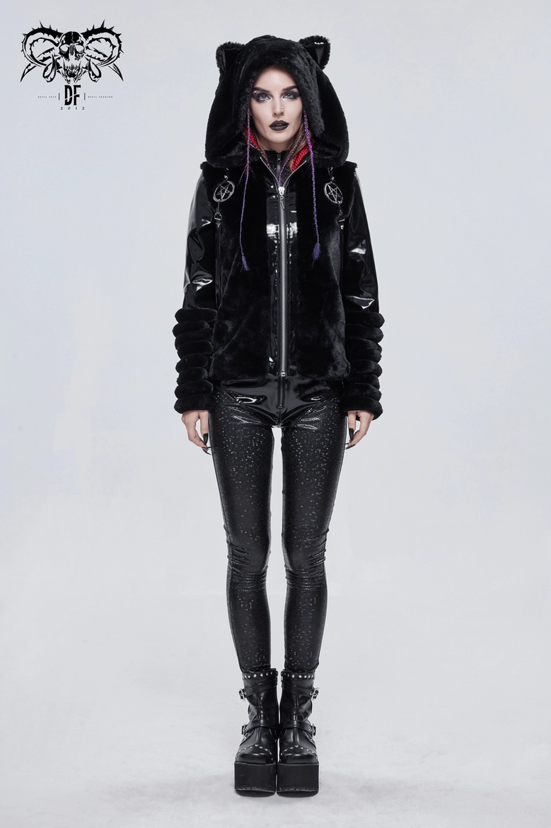 Fuzzy black gothic cat ear hooded jacket with pentagram pendant accessory on white studio background