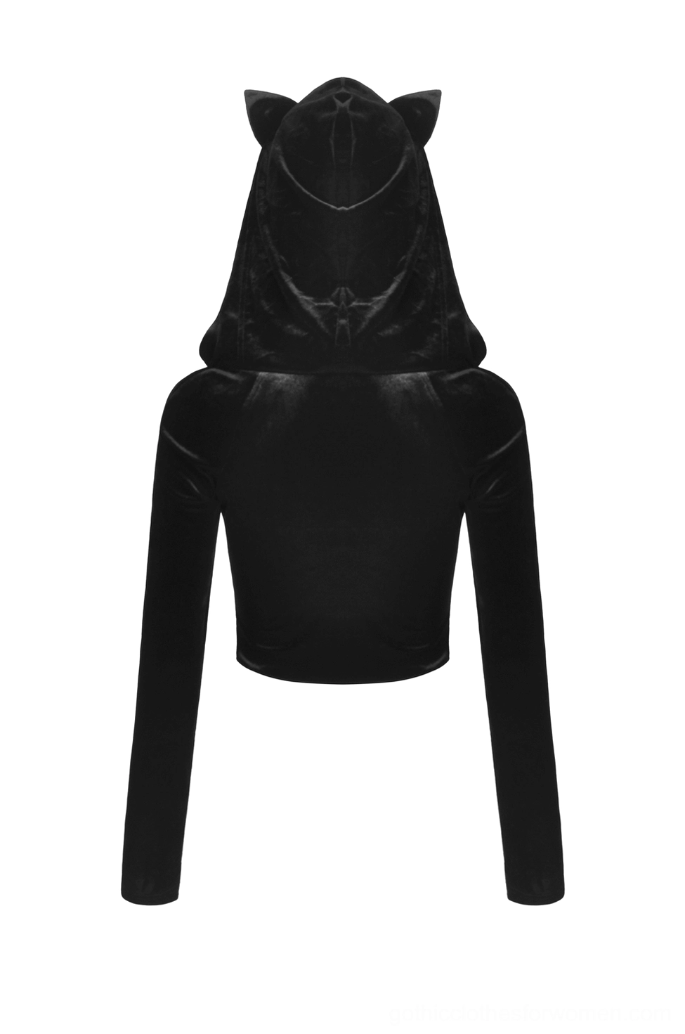 Flat lay back view of black velvet gothic hoodie demonstrating fitted back panels, cat-ear hood shape, and batwing sleeve proportions