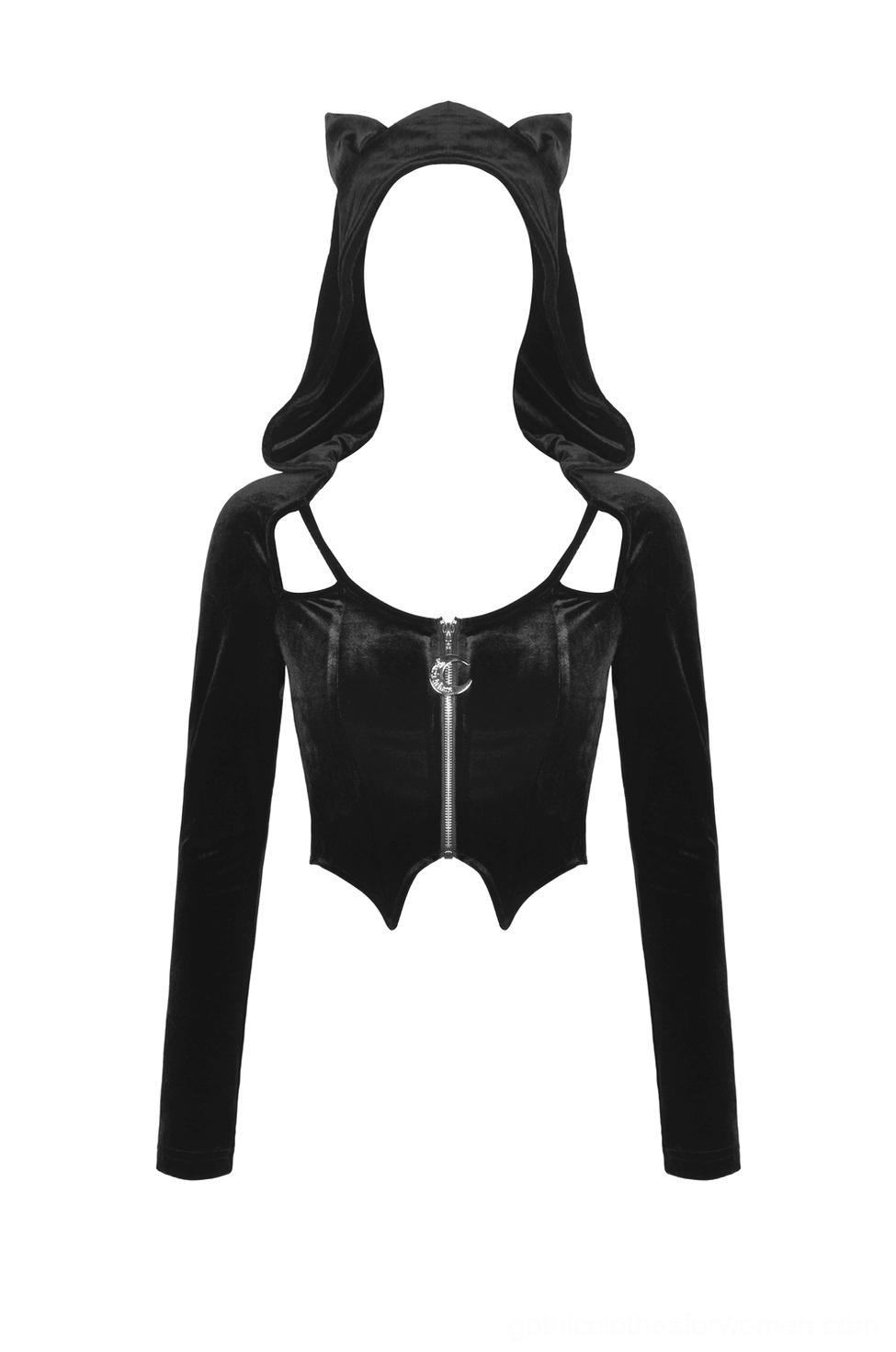 Flat lay front view of black velvet gothic hoodie showing full silhouette, cropped length, bat-motif hem detail, and silver front zipper