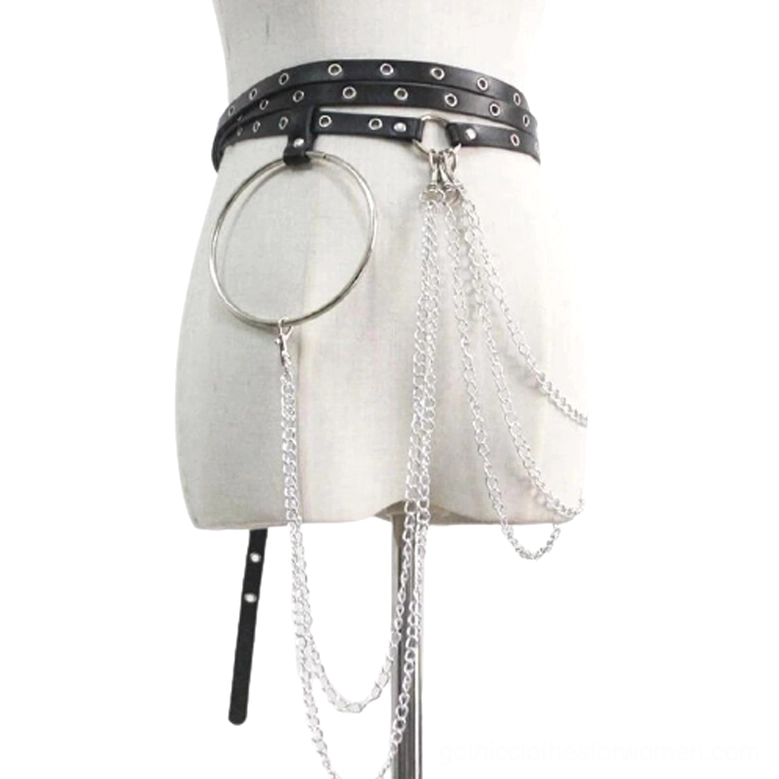 Black gothic chain belt displayed on mannequin back view, featuring double black faux leather straps with cascading silver chain tassels and metal hoop detail