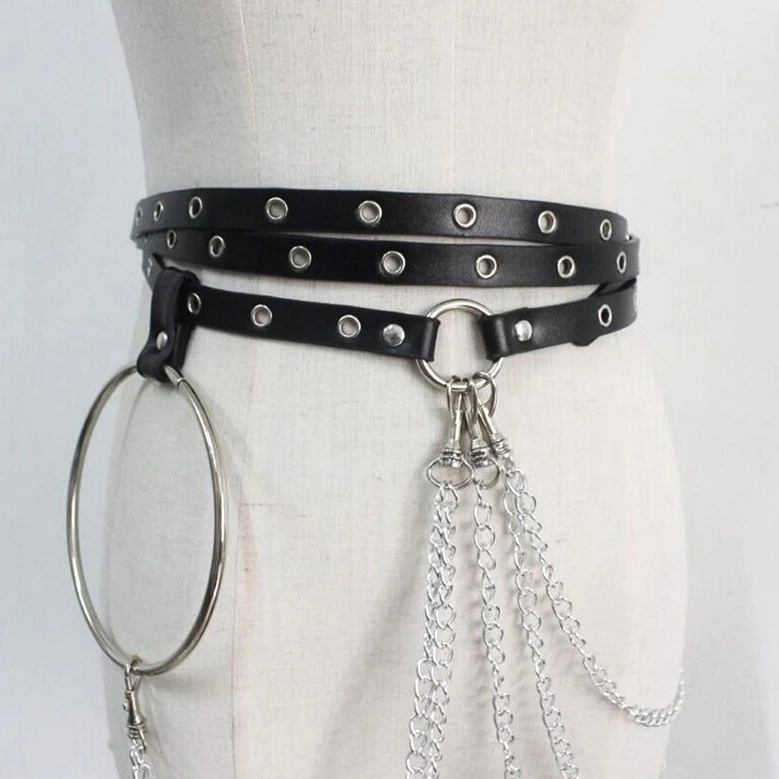 Black gothic chain belt close-up side front view, displaying double black faux leather straps and multiple interlocking silver chains with metal hardware detail