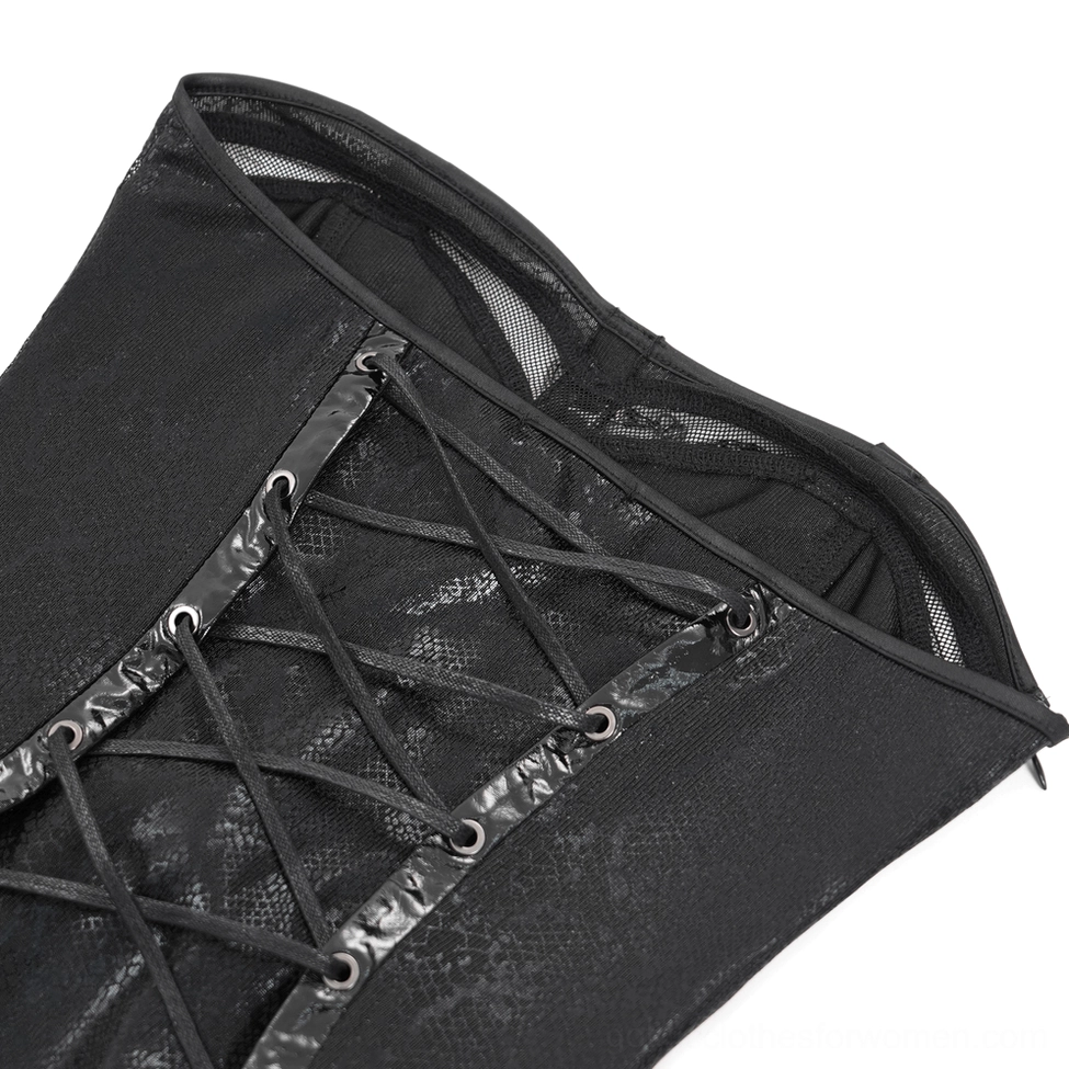 Black gothic halter chain maxi dress featuring textured fabric and faux leather accents in studio lighting