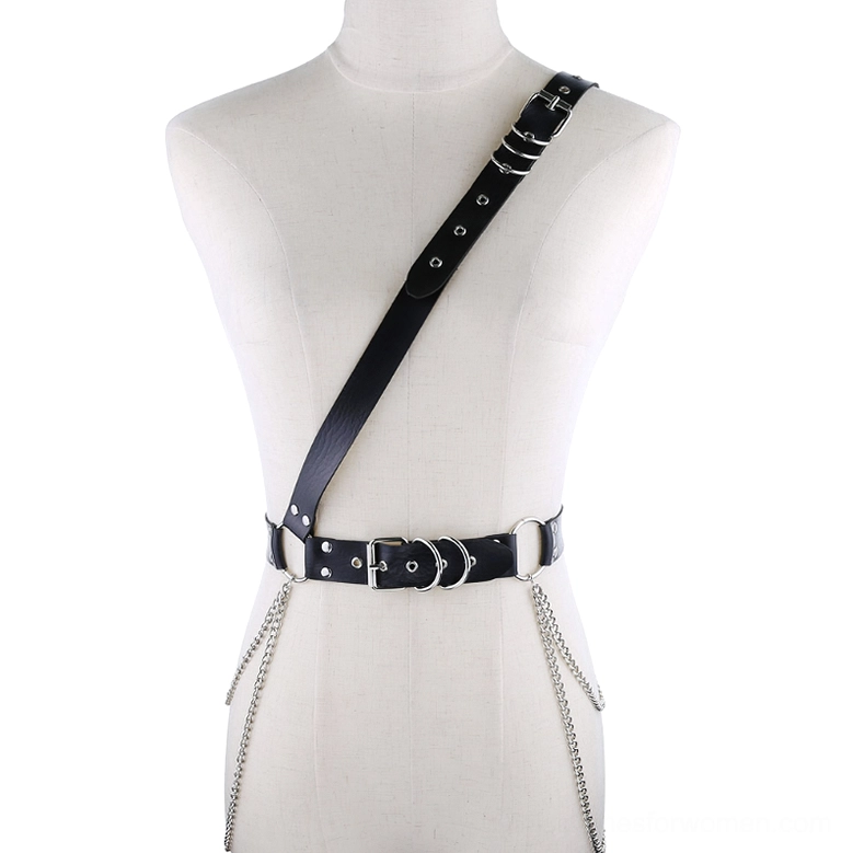 Black gothic chain harness belt with silver metal buckles and hanging chains, front view on mannequin