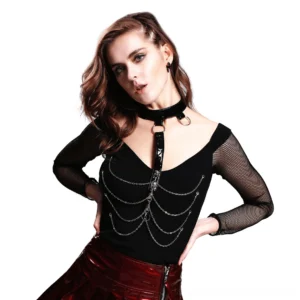 Black gothic chain mesh long sleeve top with fishnet sleeves and choker neckline on model, front three-quarter view showing layered silver chains and V-neck detail