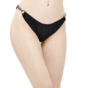 Black gothic cheeky bikini bottom with shimmer ribbed fabric and metal hardware, front close-up view on model