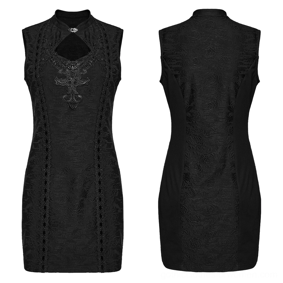 Black gothic cheongsam dress flat lay front showing chest cutout and ornate embroidery