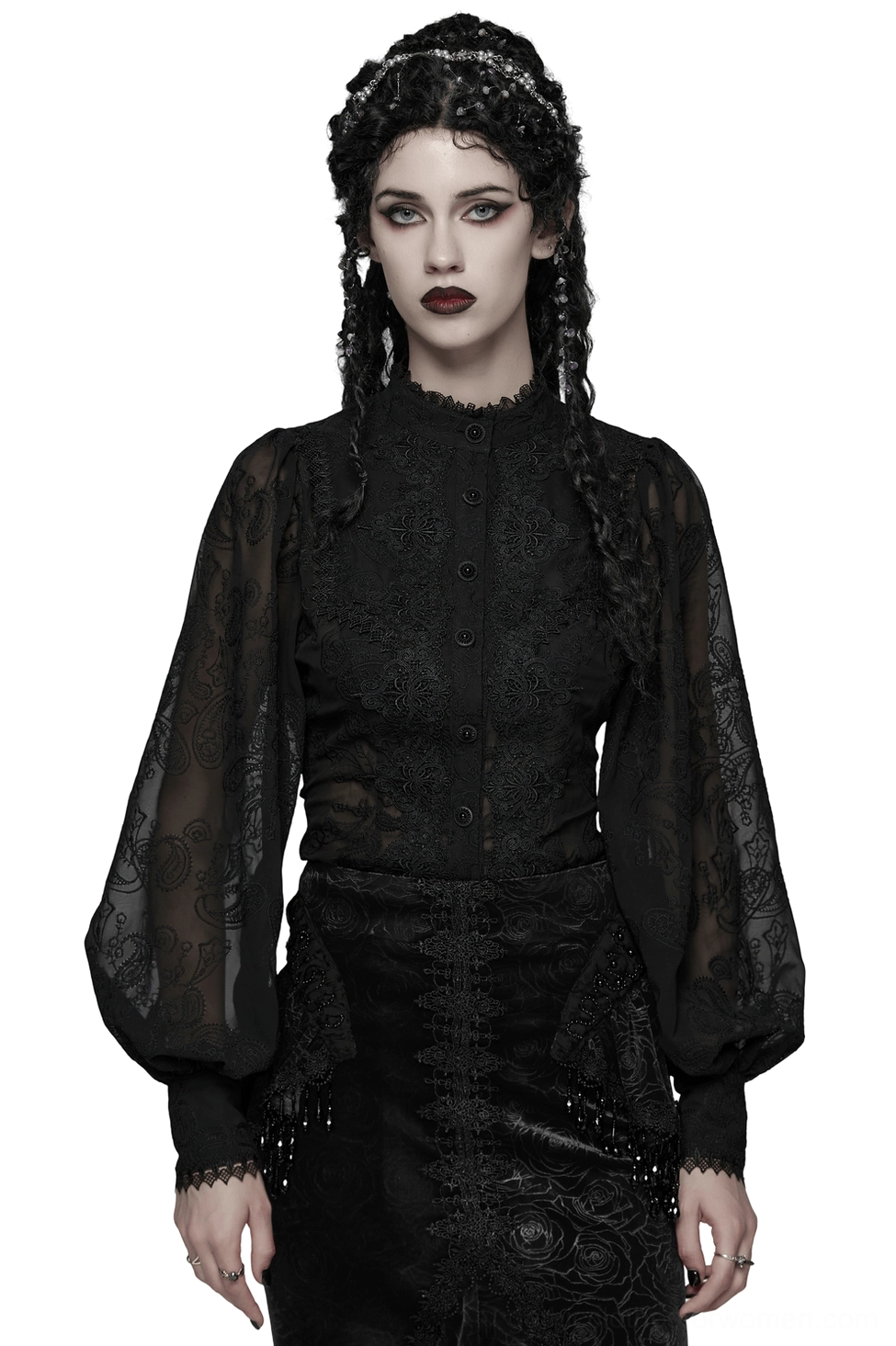 Black embroidered chiffon gothic blouse with corset back - front full body view on model