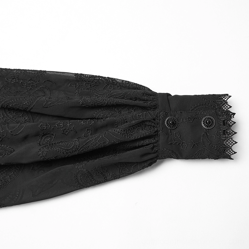 Black gothic chiffon blouse detail shot - embroidered lace fabric texture and construction
