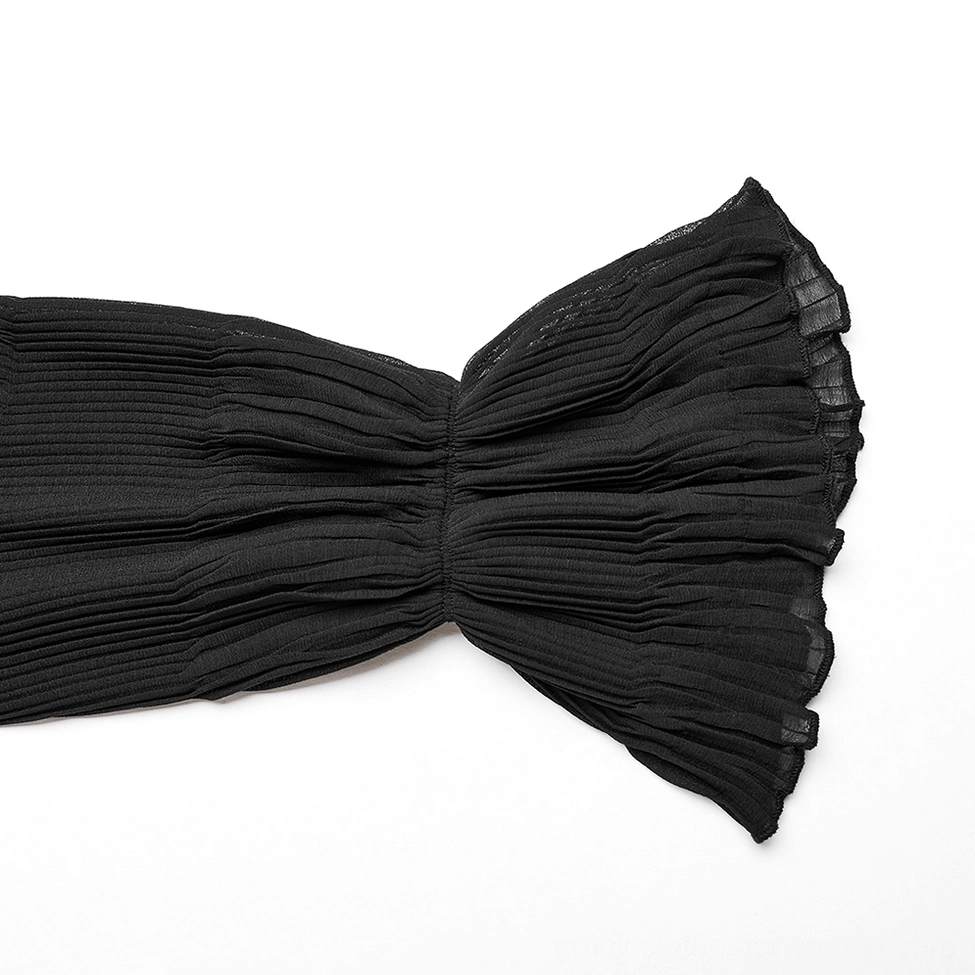 Black victorian gothic long sleeve chiffon top with ruched texture and statement collar