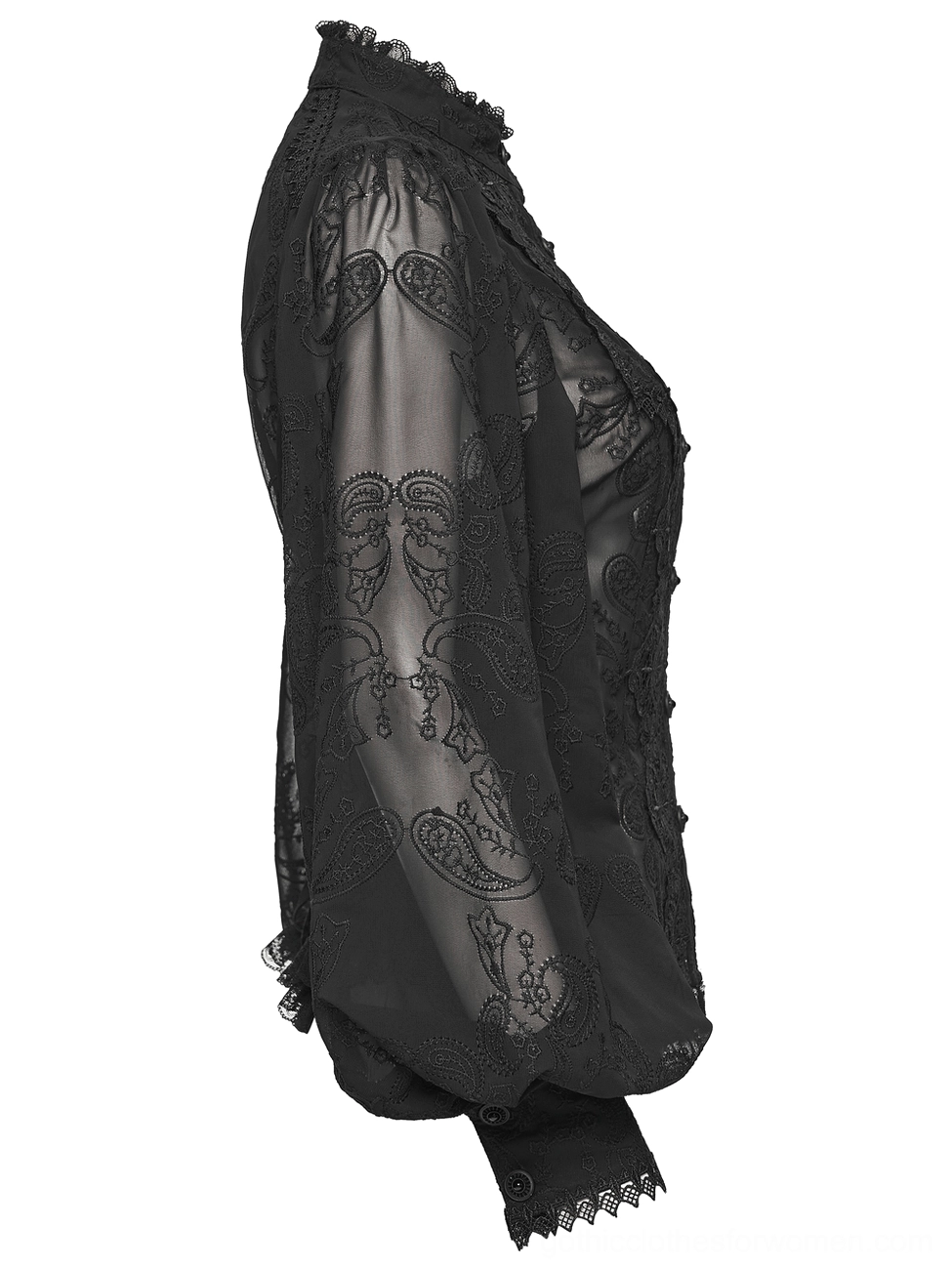 Black gothic chiffon blouse side view - paisley embroidery and ruffled cuff details