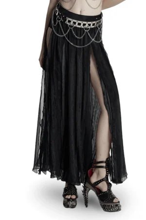 Black gothic chiffon maxi skirt with vintage metal buckle accent worn by model in three-quarter view showing pleated details and ethereal drape