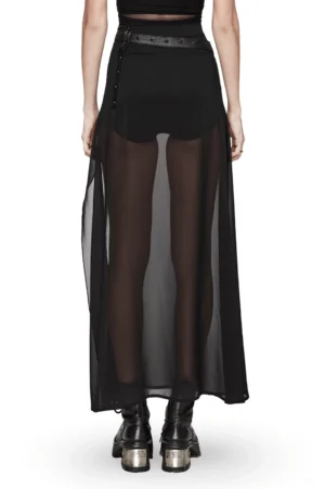 Full-length rear view of black sheer chiffon gothic maxi skirt showing floor-length hem and decorative waist belt hardware