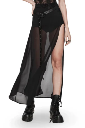 Black sheer chiffon gothic maxi skirt with high thigh slit and ornate studded waist belt, front angle view on model with combat boots