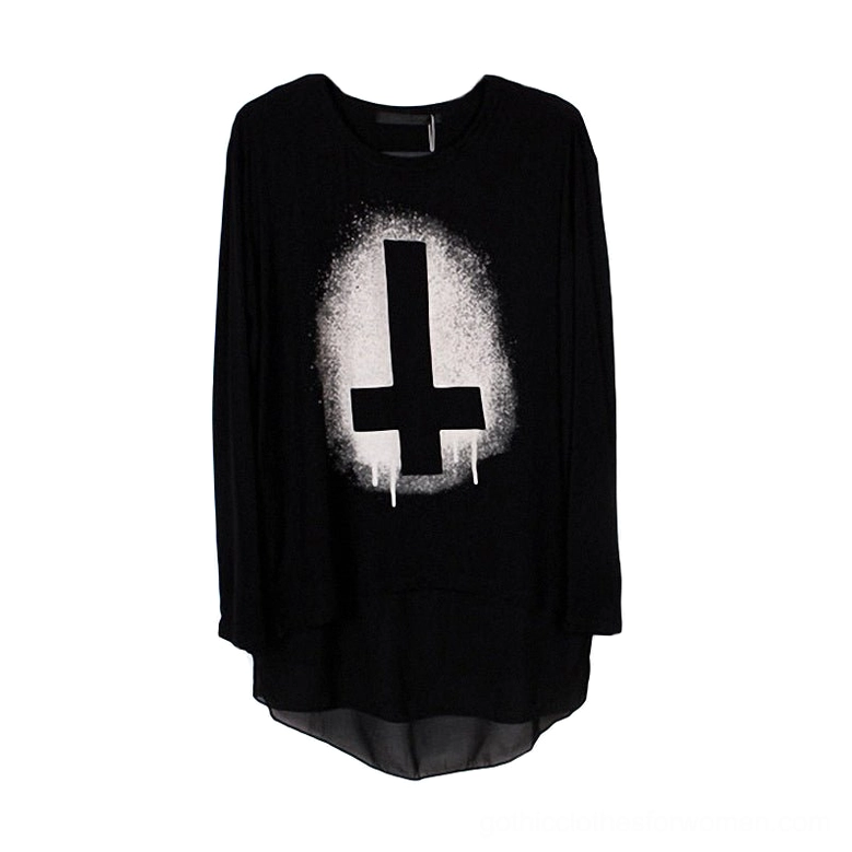 Black gothic chiffon batwing tunic top flat lay, crew neck, cross print design, high-low asymmetrical hem, product detail shot