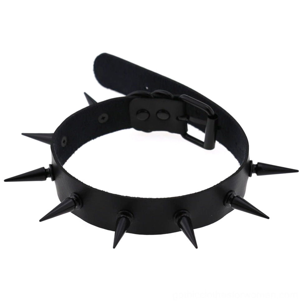 Black gothic spiked choker collar side view showing faux leather material and adjustable strap construction