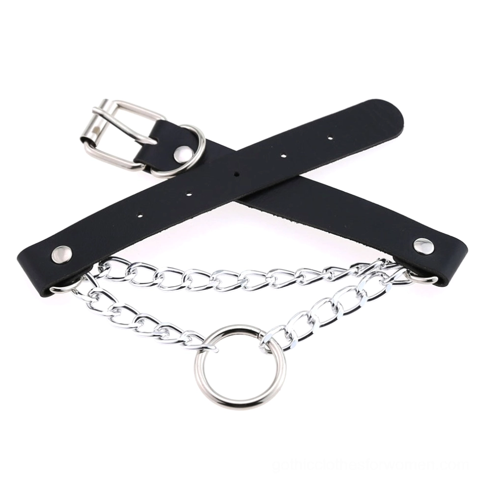 Black PU leather gothic chain choker cross-display showing dual adjustable buckles and complete chain configuration