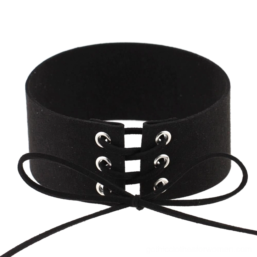 Black gothic choker necklace with lace-up closure and decorative bow, classic alternative style