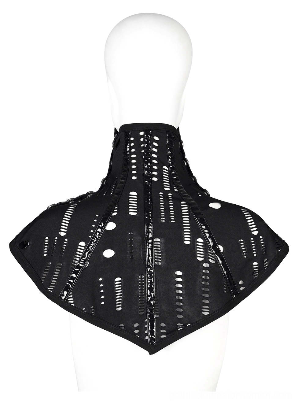 Black gothic face mask collar with linear cutout arrangements and glossy decorative trim accents on mannequin