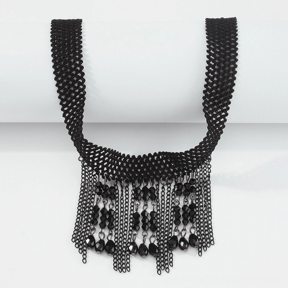 Full flat lay view of black rhinestone tassel choker showing complete design with woven collar and dangling crystal chain tassels
