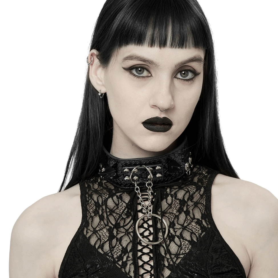 Black python grain gothic choker with rivets and chains worn by goth model, front studio view showing detailed choker design