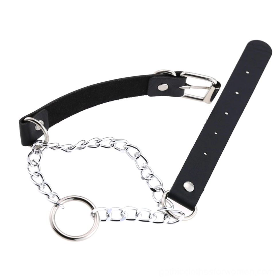 Black PU leather gothic choker unfastened, showing side view of dual chains and adjustable buckle mechanism, side flat lay