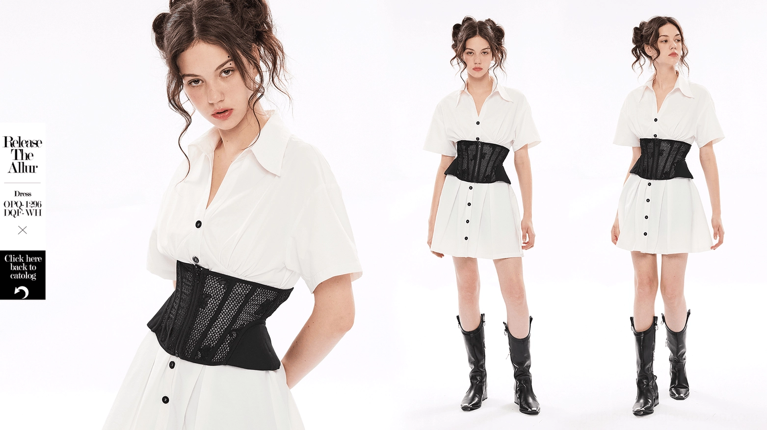 Black gothic cincher corset styled overhead flat lay showing complete garment structure with mesh panels, zipper, and lace-up back system visible